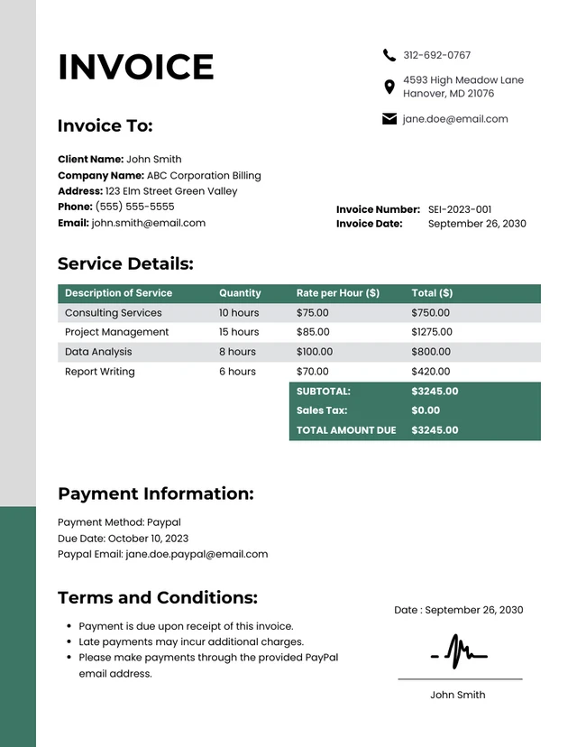 Clean White and Green Self-employed Invoice Template