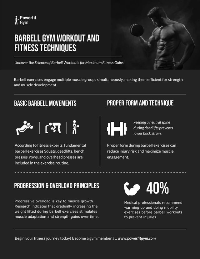 Modèle d'infographie sur les techniques d'entraînement et de remise en forme Barbell Gym