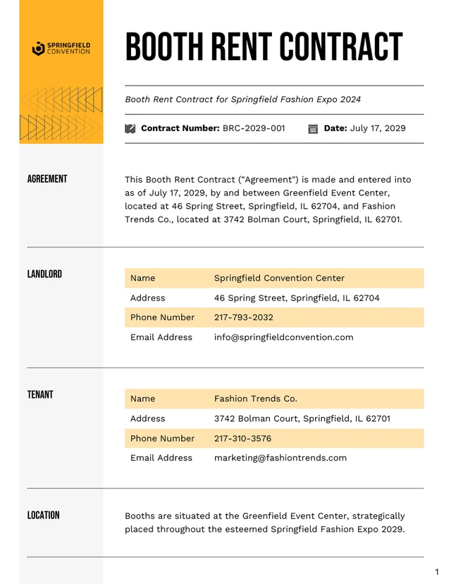 Booth Rent Contract Template - Página 1