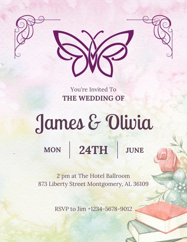Gradient Watercolor Classic Butterfly Wedding Invitation Template