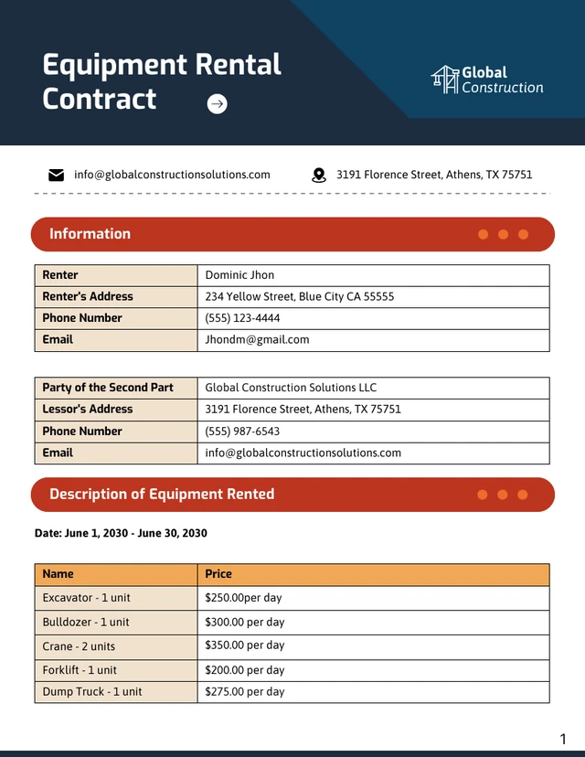 Equipment Rental Contract Template - Page 1