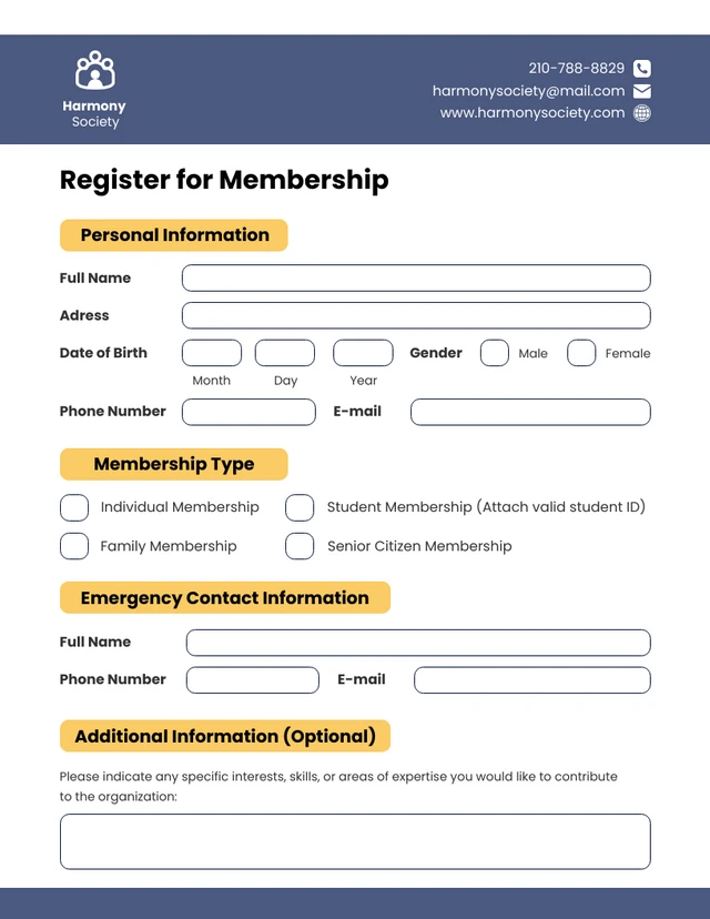 Blue and Yellow Membership Form Template