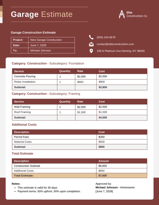 Plantilla de estimación de garaje