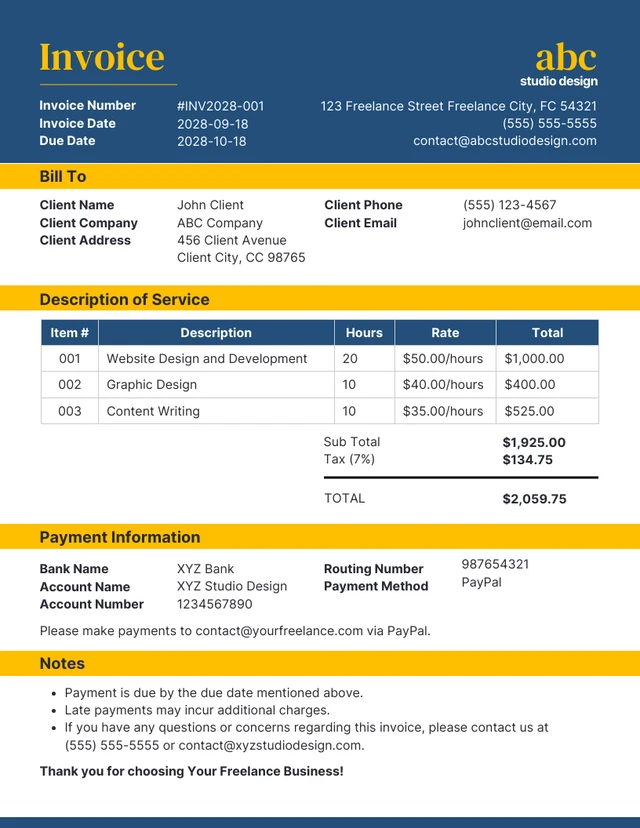Simple Blue and Yellow Freelance Invoice Template