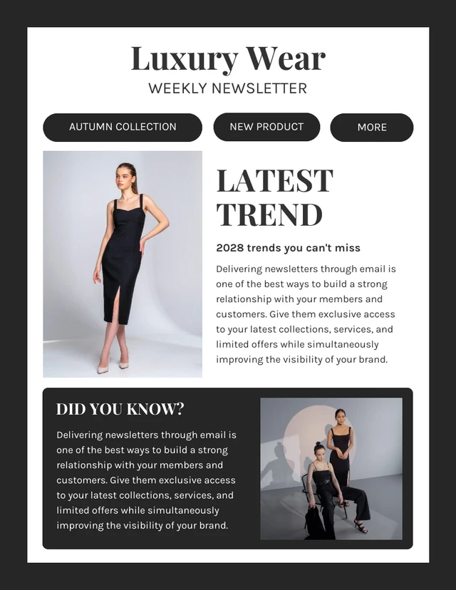Schwarz-weiße, minimalistische, elegante Mode-Newsletter-Vorlage