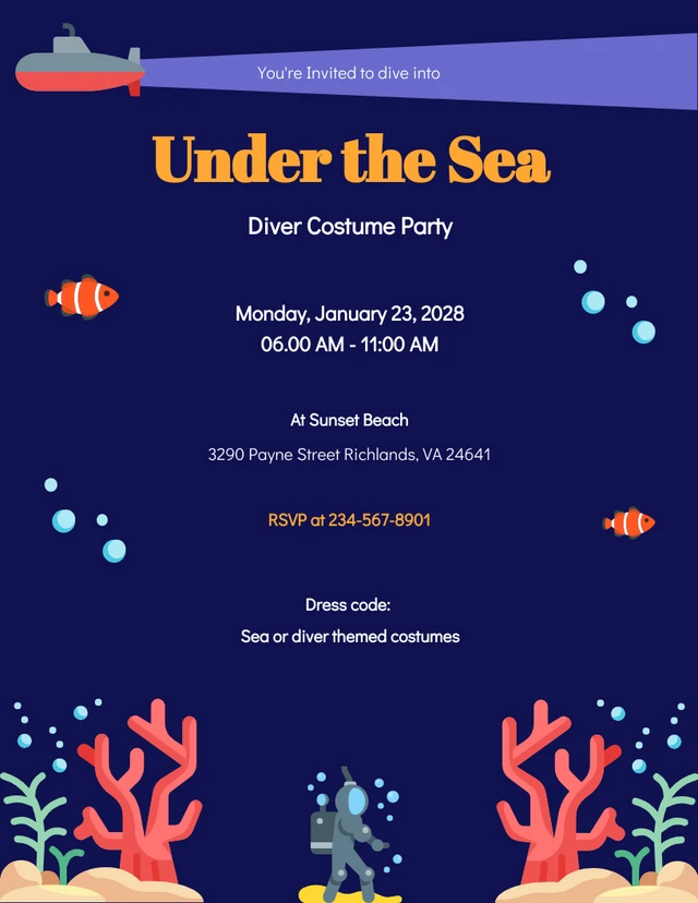 Purple Dive Under The Sea Illustrated Costume Party Invitations Template