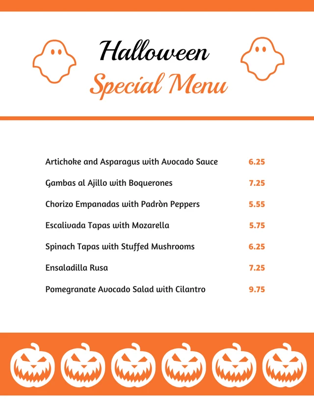 Modèle de menu spécial Halloween simple blanc et orange