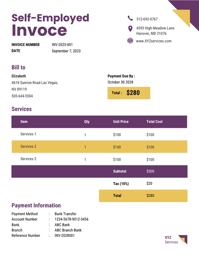 Simple Purple Yellow Self-employed Invoice Template