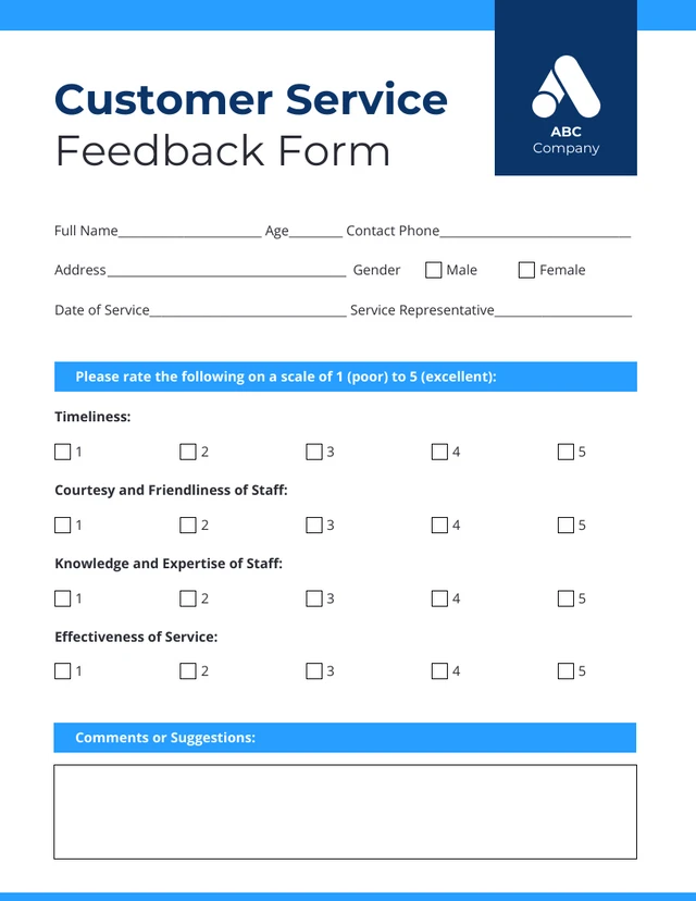 Simple Clean Blue and White Customer Service Form Template