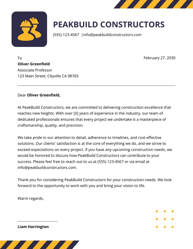 Navy And Yellow Construction Letterhead  Template