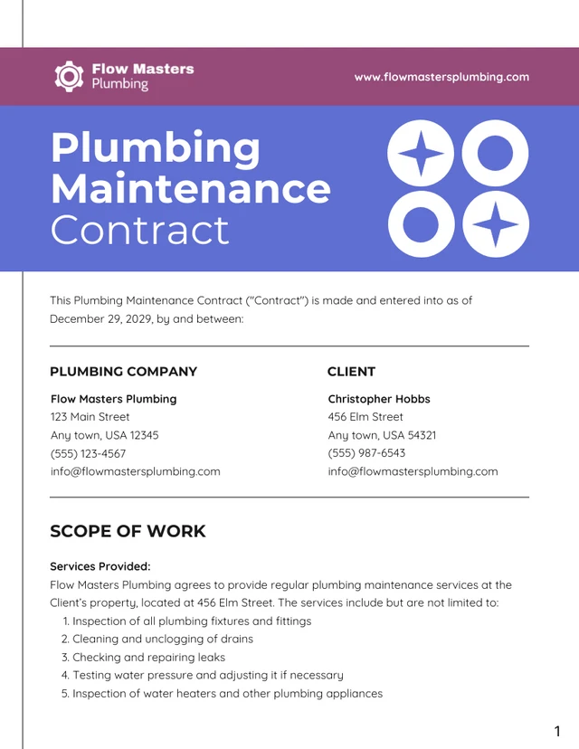 Plumbing Maintenance Contract Template - صفحة 1