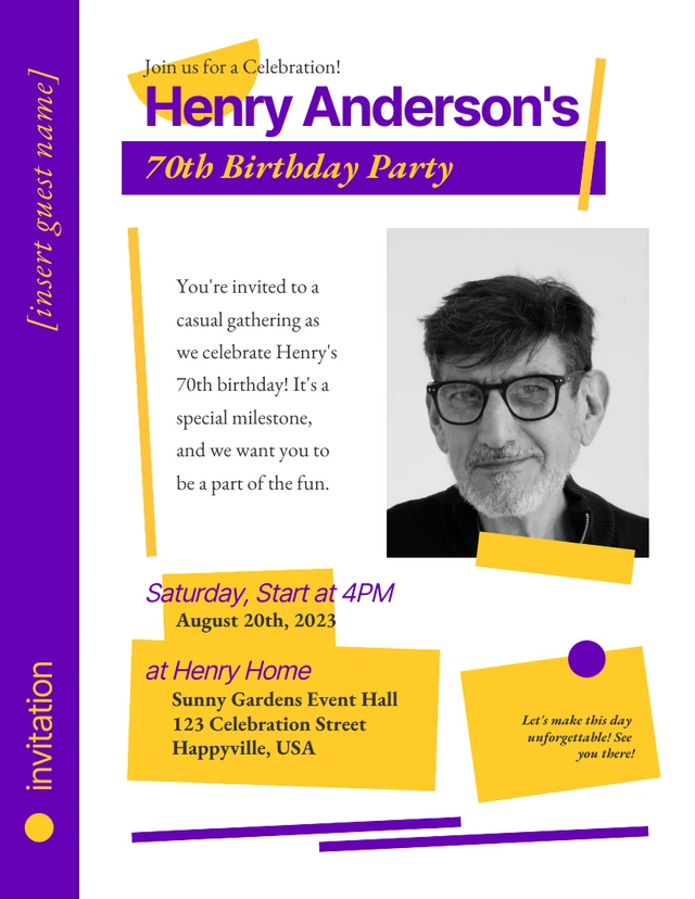 Modèle d'invitation simple et ludique jaune violet pour le 70e anniversaire