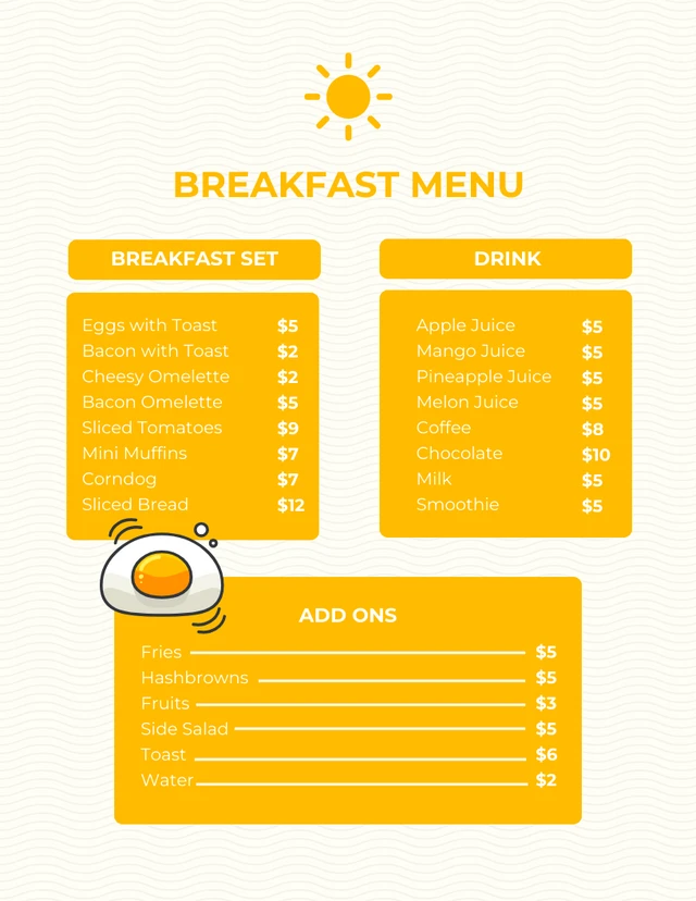 Modèle de menu de petit déjeuner d'illustration ludique minimaliste beige et jaune