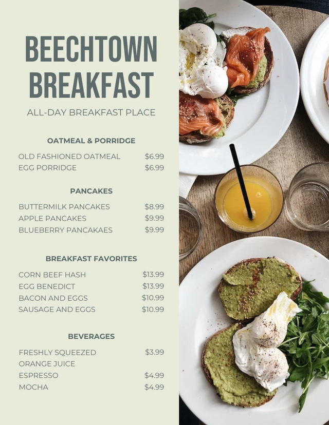 Modèle de menu de petit-déjeuner minimaliste pastel vert clair