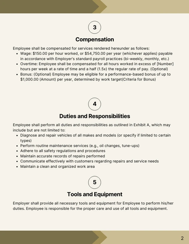 Mechanic Employment Contract Template - page 2