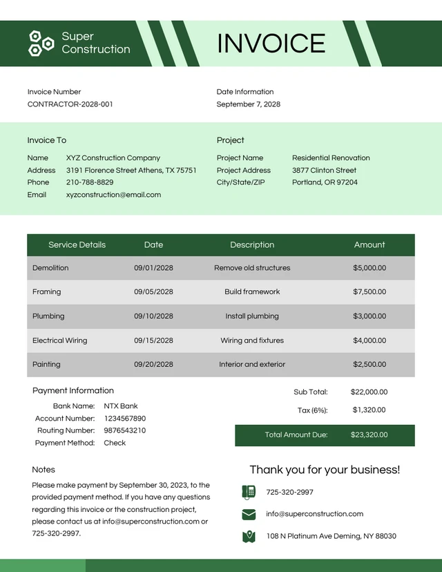 Simple Green Contractor Invoice Template