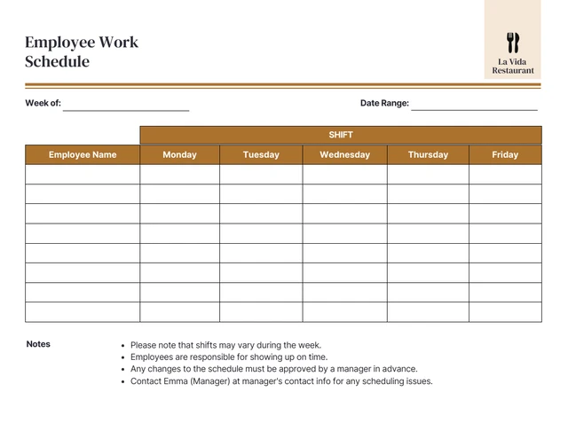 Simple White Brown Employee Work Schedule Template