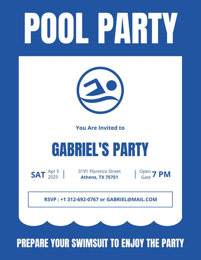 Invitación azul sencilla Plantilla Pool Party