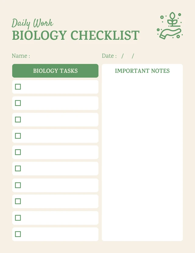 Light Yellow And Green Simple Work Biology Checklist