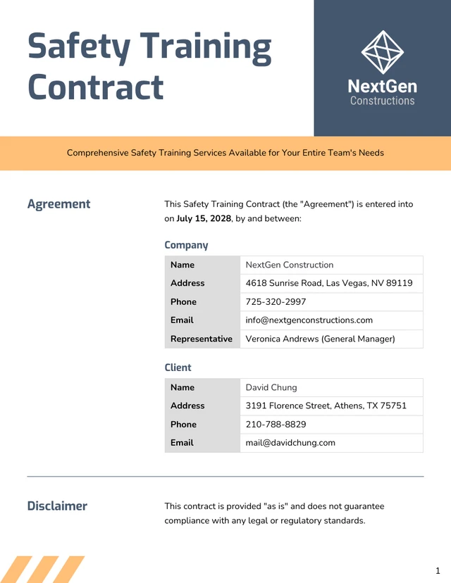 Safety Training Contract Template - page 1