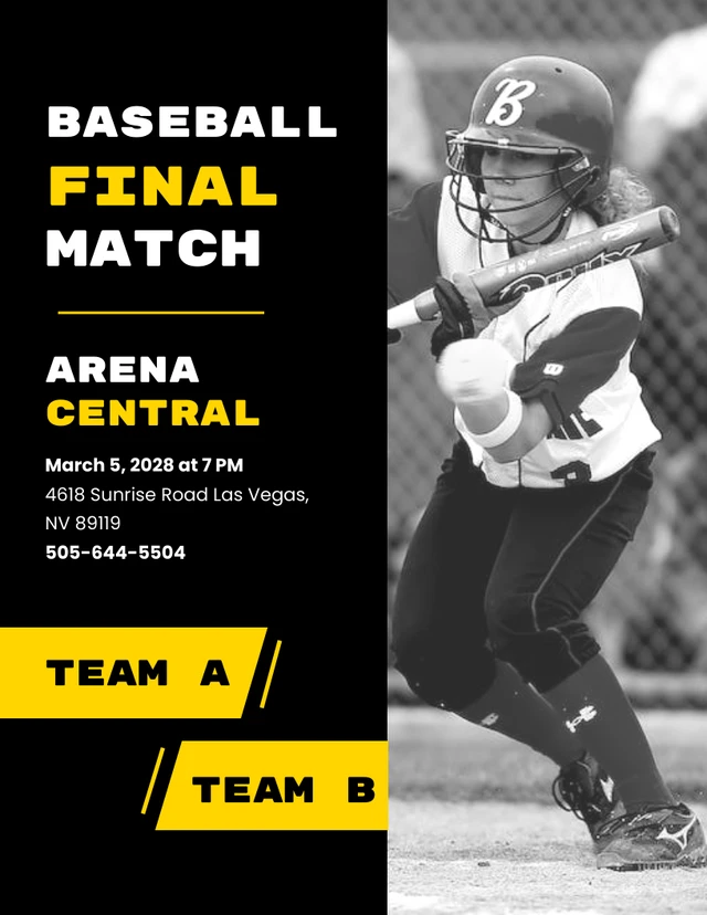 Black and Yellow Bold Baseball Match Poster Template