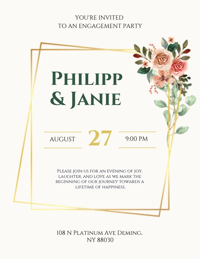 Cream And Gold Flower Engagement Party Invitation Template
