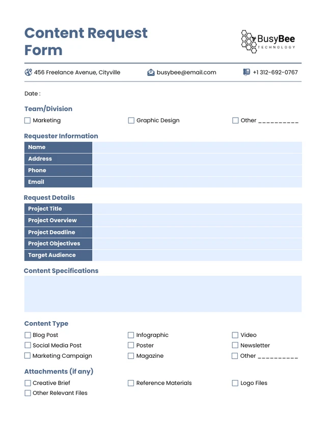 Blue White Minimalist Content Request Forms Template