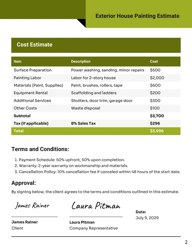 Exterior House Painting Estimate Template - page 2