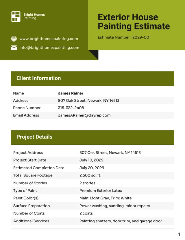 Exterior House Painting Estimate Template - Página 1