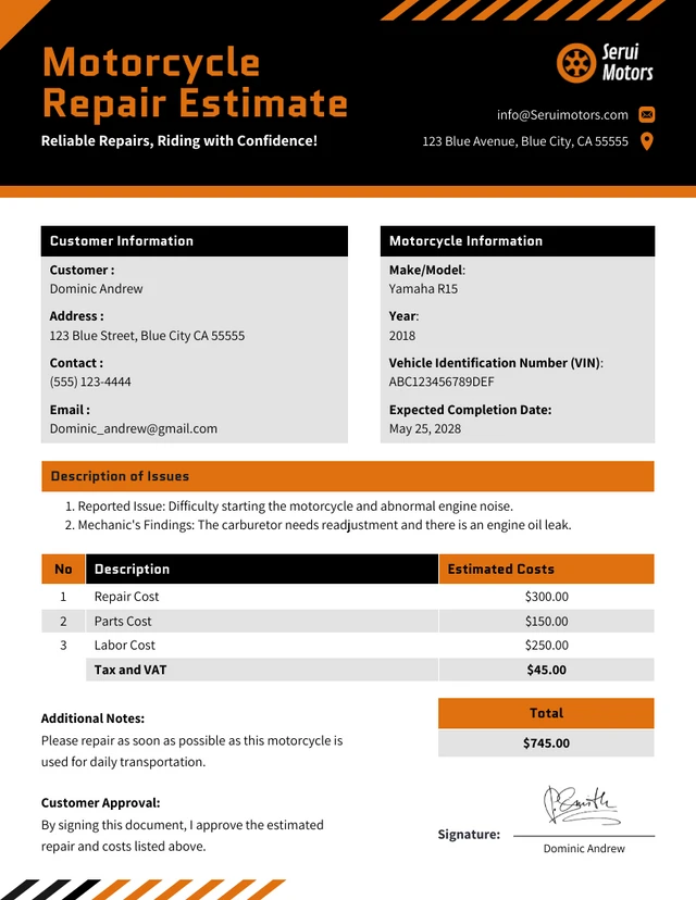 Plantilla de estimación de reparación de motocicletas