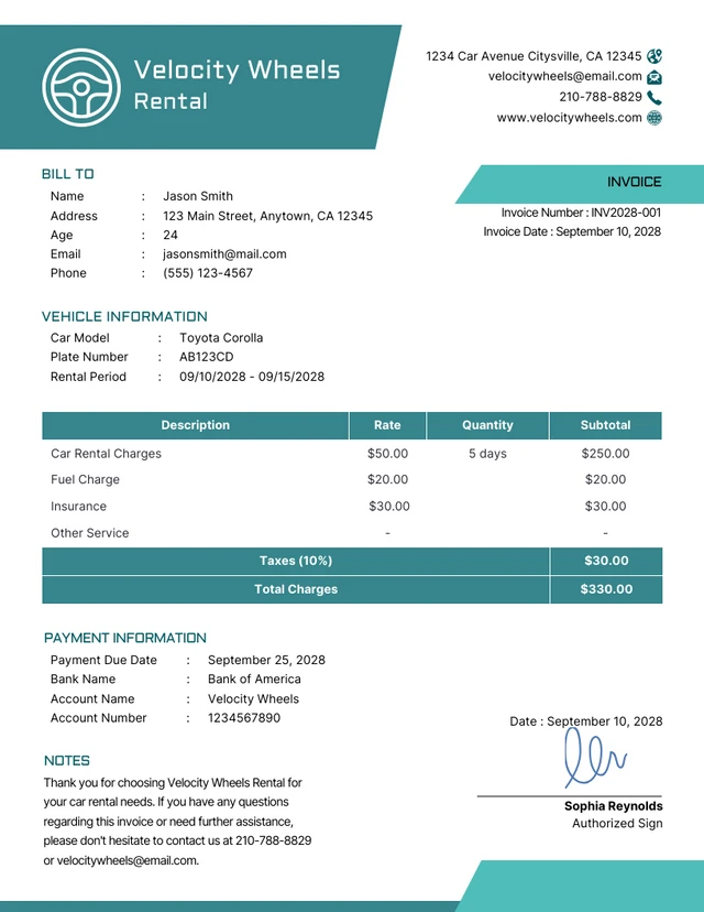 Green and White Modern Car Rental Invoice Template