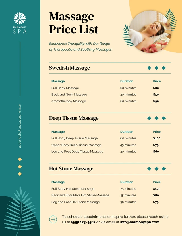 Modèle de liste de prix de massage