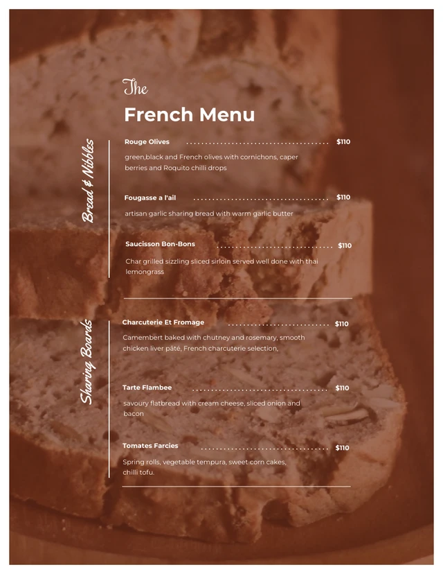 Modèle de menu français photo minimaliste marron foncé