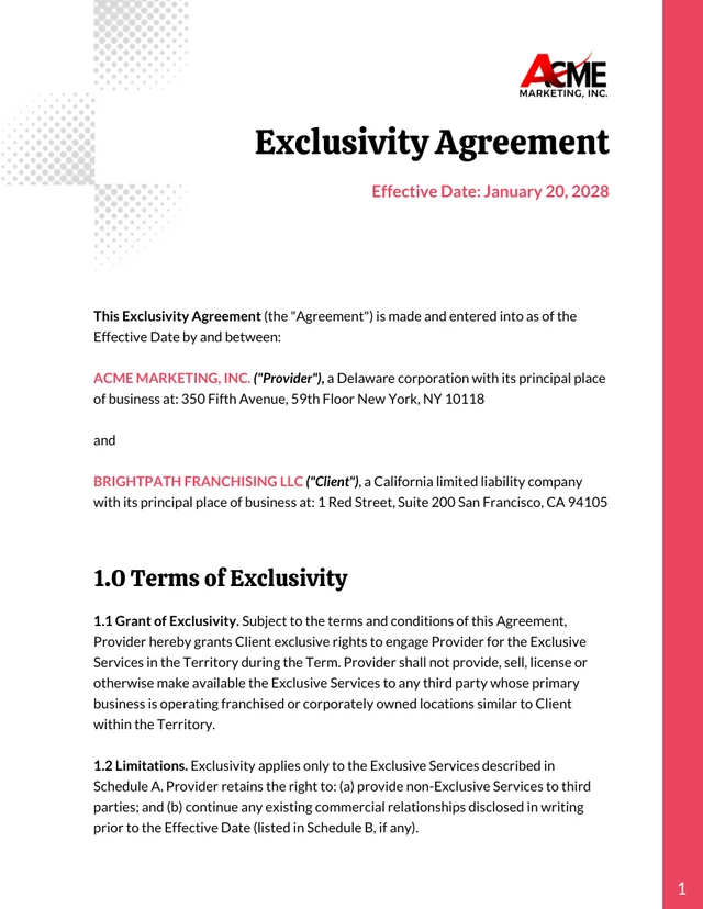 Exclusivity Contract Template - Seite 1