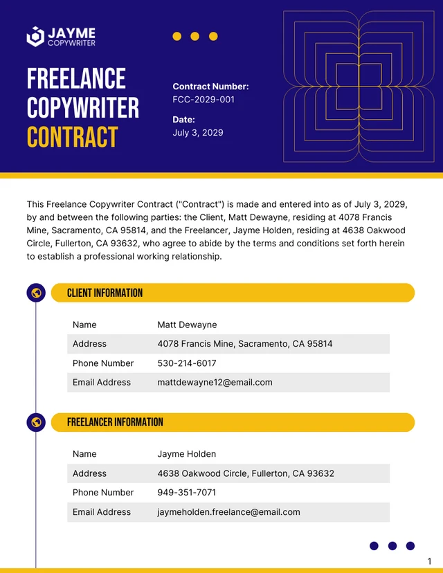 Freelance Copywriter Contract Template - page 1