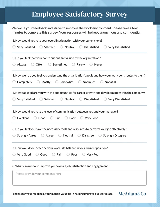 Employee Engagement Satisfactory Survey Form Template