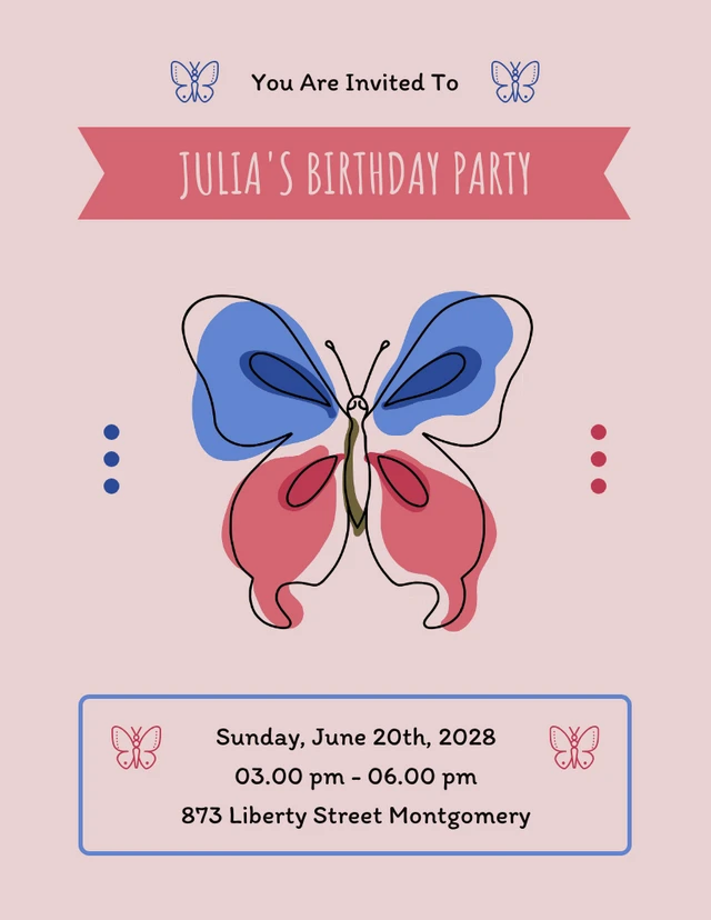 Pink Simple Butterfly Illustration Birthday Invitation Template