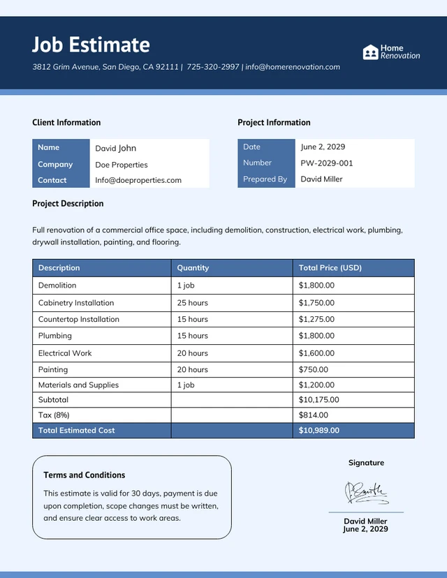 Plantilla de estimación de trabajo