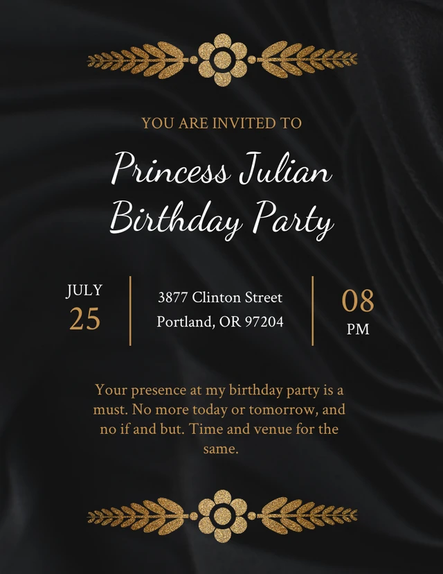 Black And Gold Minimalist Glamour Luxury Princess Birthday Party Invitation Template