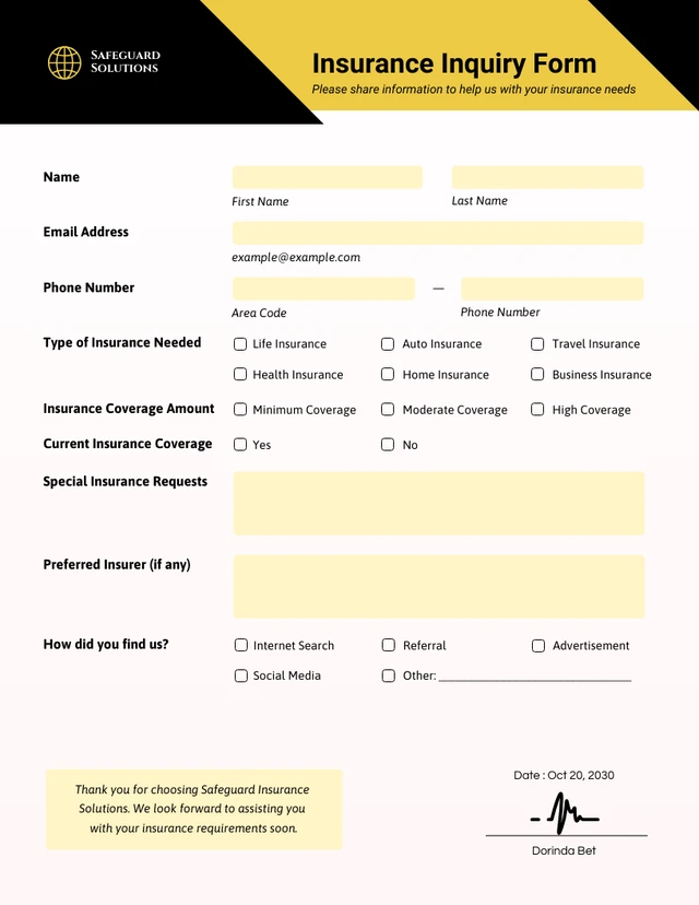 Simple Yellow Black Insurance Forms Template