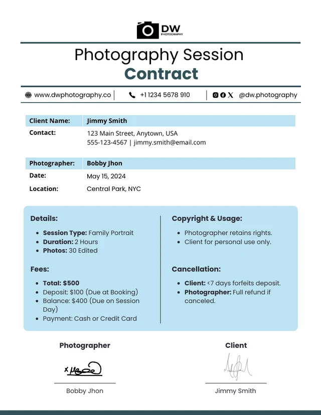 Photography Session Contract Template