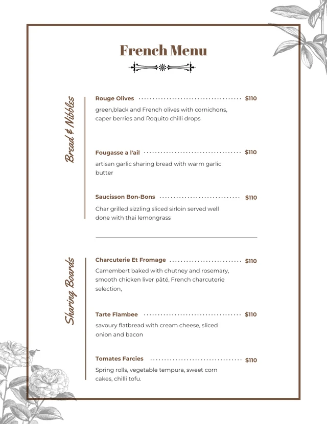 Modèle de menu français esthétique minimaliste blanc et marron
