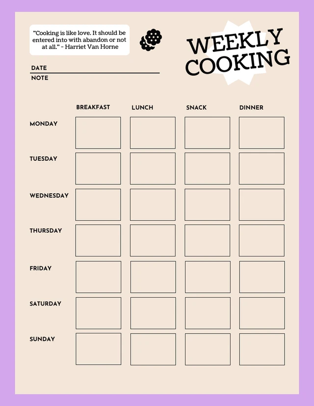Purple And Cream Weekly Cooking List