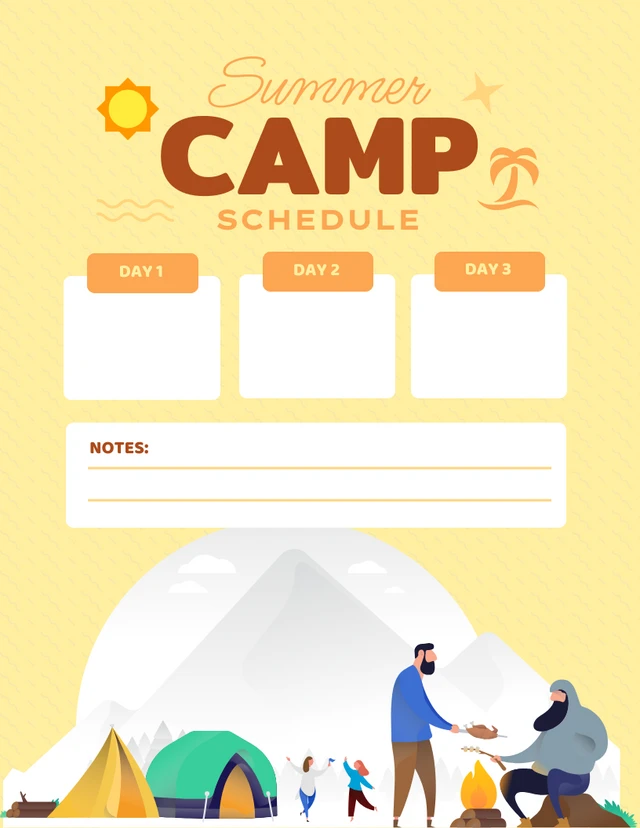 Modelo de programação de acampamento de verão em amarelo claro com ilustração simples