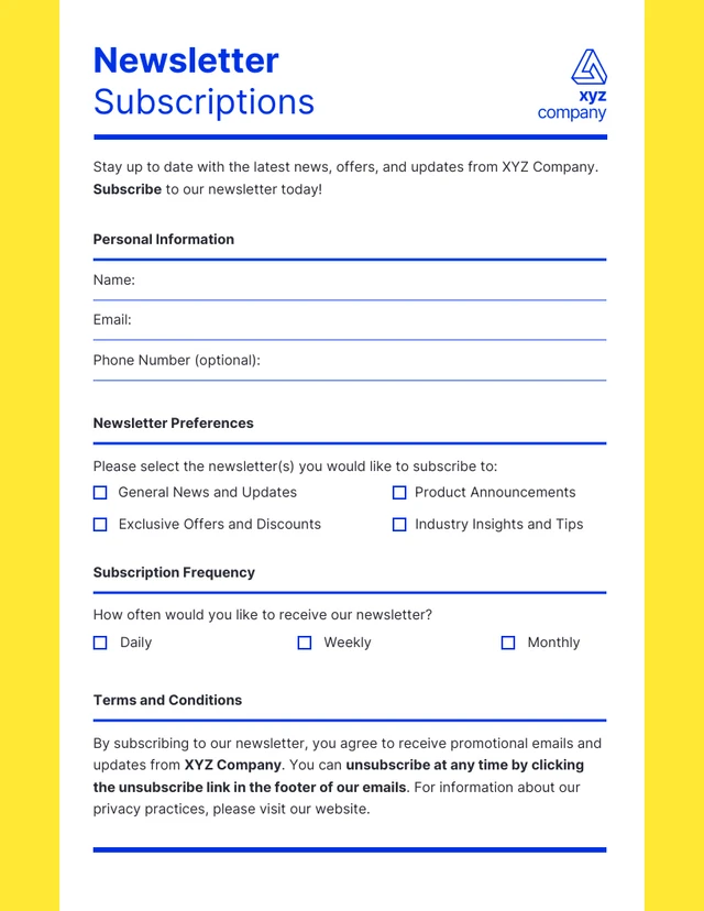 Modèle de formulaire d'abonnement à la newsletter jaune et bleu simple