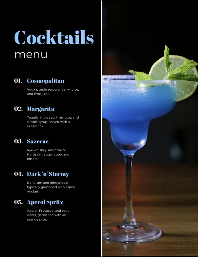 Black Simple Photo Cocktail Bar Menu Template