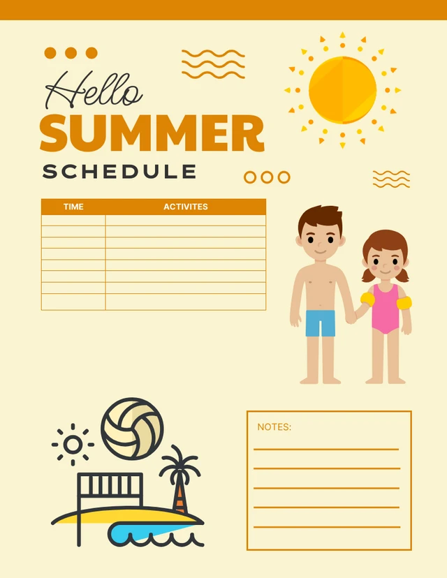 Light Yellow Cute Illustration Summer Schedule Template
