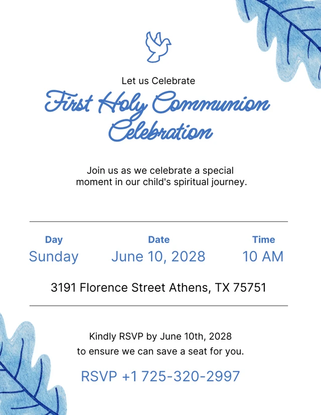 Einfache weiß-blaue Einladungsvorlage zur Erstkommunion