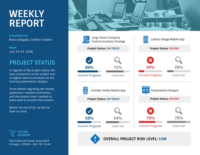 Blaue Vorlage für den wöchentlichen Statusbericht eines Geschäftsprojekts
