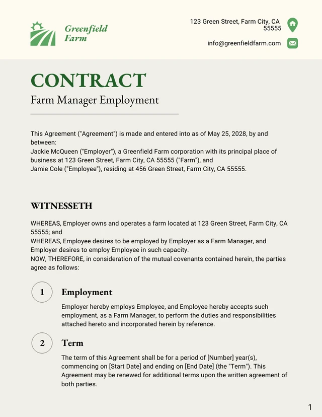 Farm Manager Employment Contract Template - Seite 1